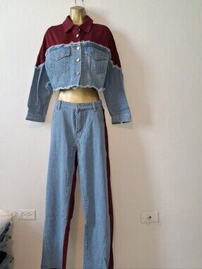 Two-Tone Straight Leg Jeans with Burgundy Side Stripe